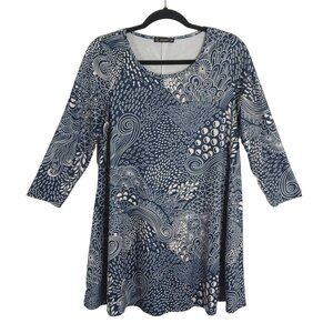 Enmain Women's Dress Small Blue White Abstract Print 3/4 Sleeve Casual Swing